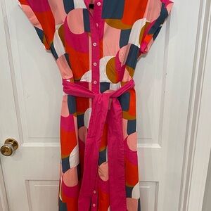 Boden Pink Multi Button-Front Dress with Tie Belt